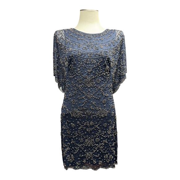 Xscape Beaded Mini Dress Blue Gold Bronze 10 - Picture 1 of 7